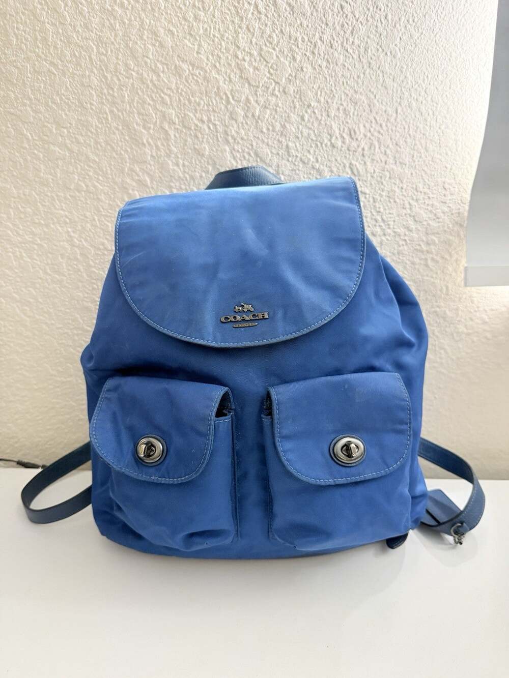 Coach F58814 Blue Nylon Leather Turnlock Drawstring Backpack 2 Pockets